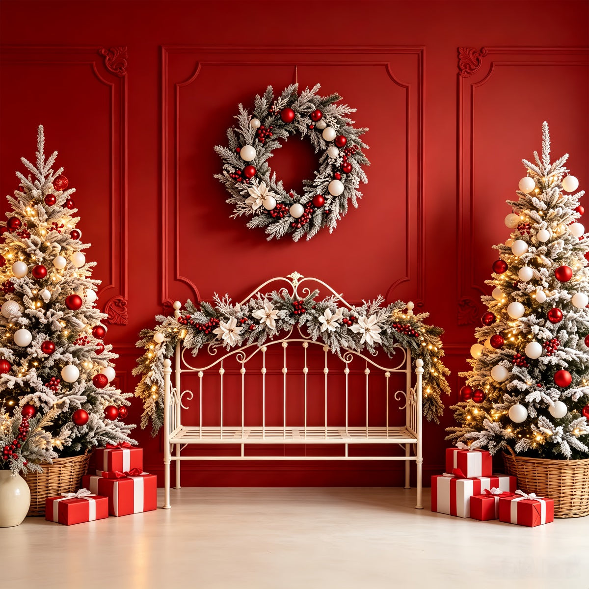 Christmas Headboard Backdrop Red Bench Frosted Trees Christmas Muslin Backdrop CSH68-80