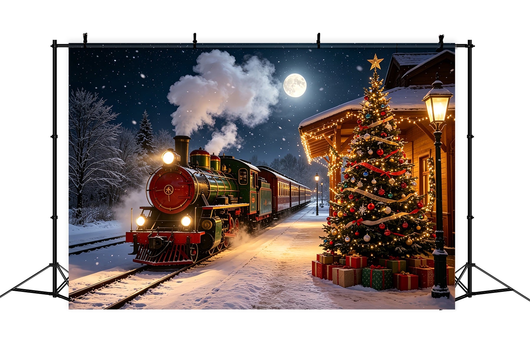 Christmas Train Backdrop Snowy Station Tree Lights Indoor Christmas Backdrops CSH68-82