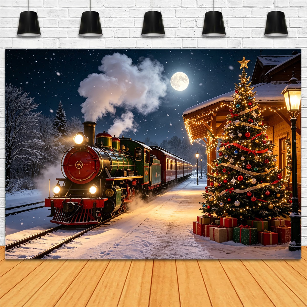 Christmas Train Backdrop Snowy Station Tree Lights Indoor Christmas Backdrops CSH68-82