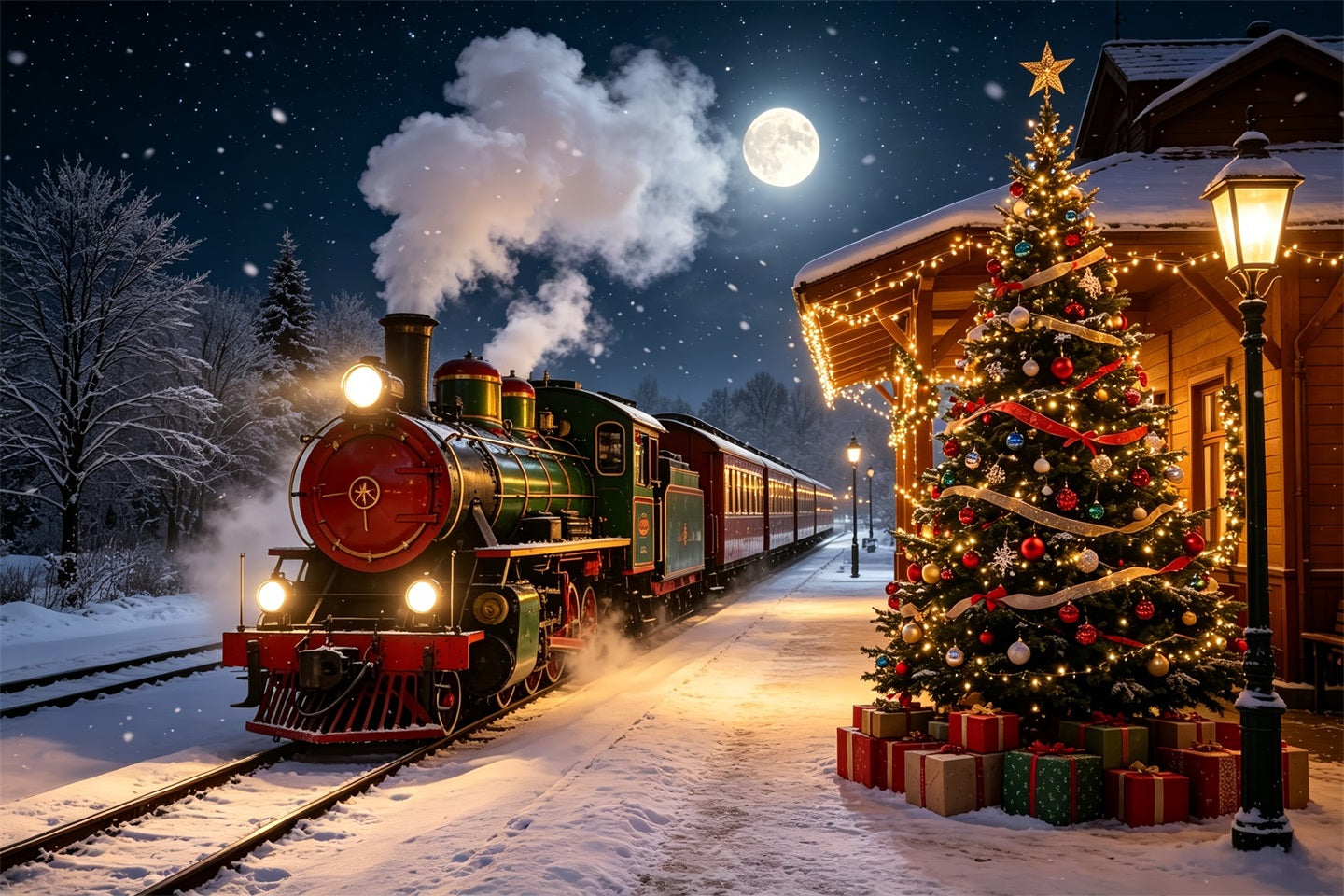 Christmas Train Backdrop Snowy Station Tree Lights Indoor Christmas Backdrops CSH68-82