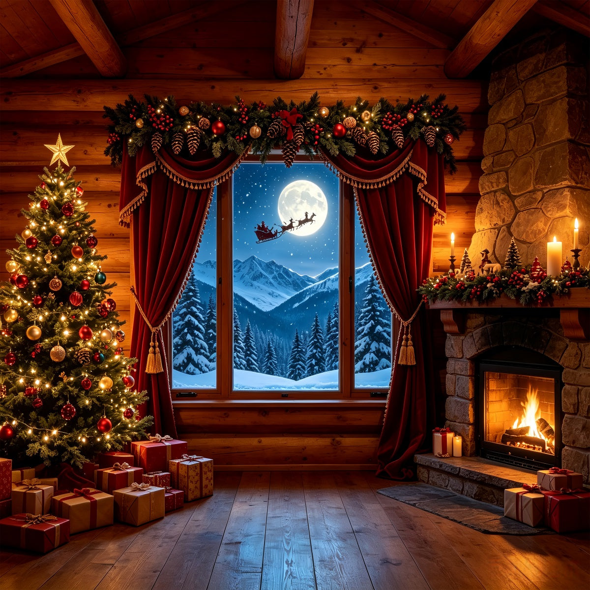 Christmas Cabin Backdrop Rustic Cabin Mountain Window Professional Christmas Backdrop CSH68-83