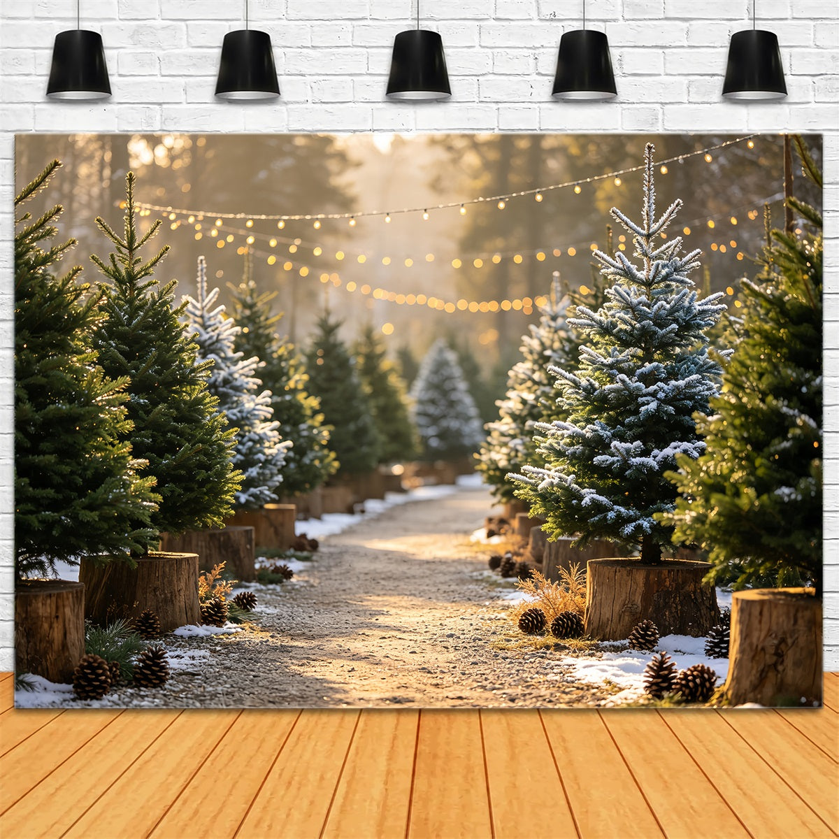 Christmas Tree Backdrop Snowy Pine Pathway Lights Muslin Christmas Backdrop CSH68-85