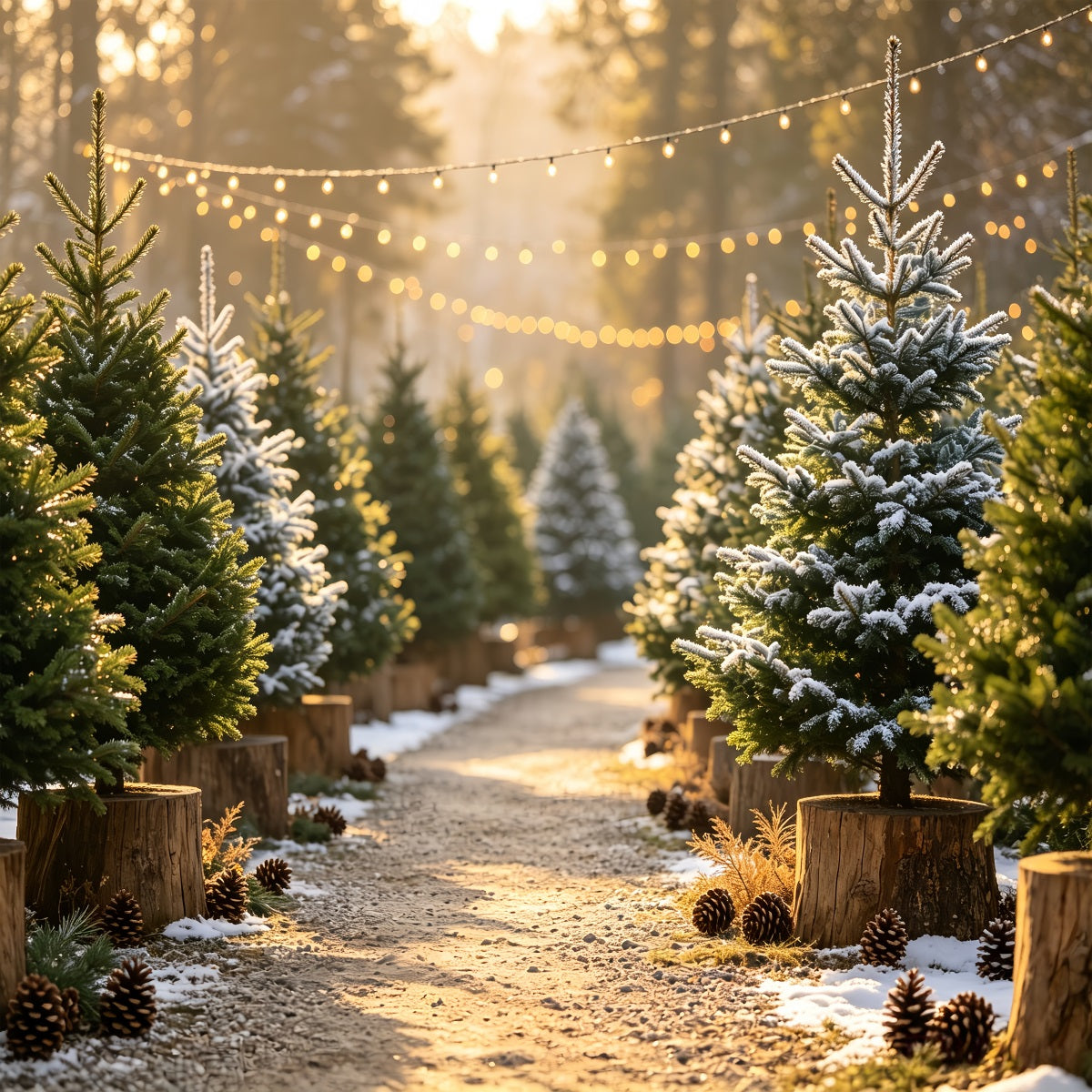 Christmas Tree Backdrop Snowy Pine Pathway Lights Muslin Christmas Backdrop CSH68-85