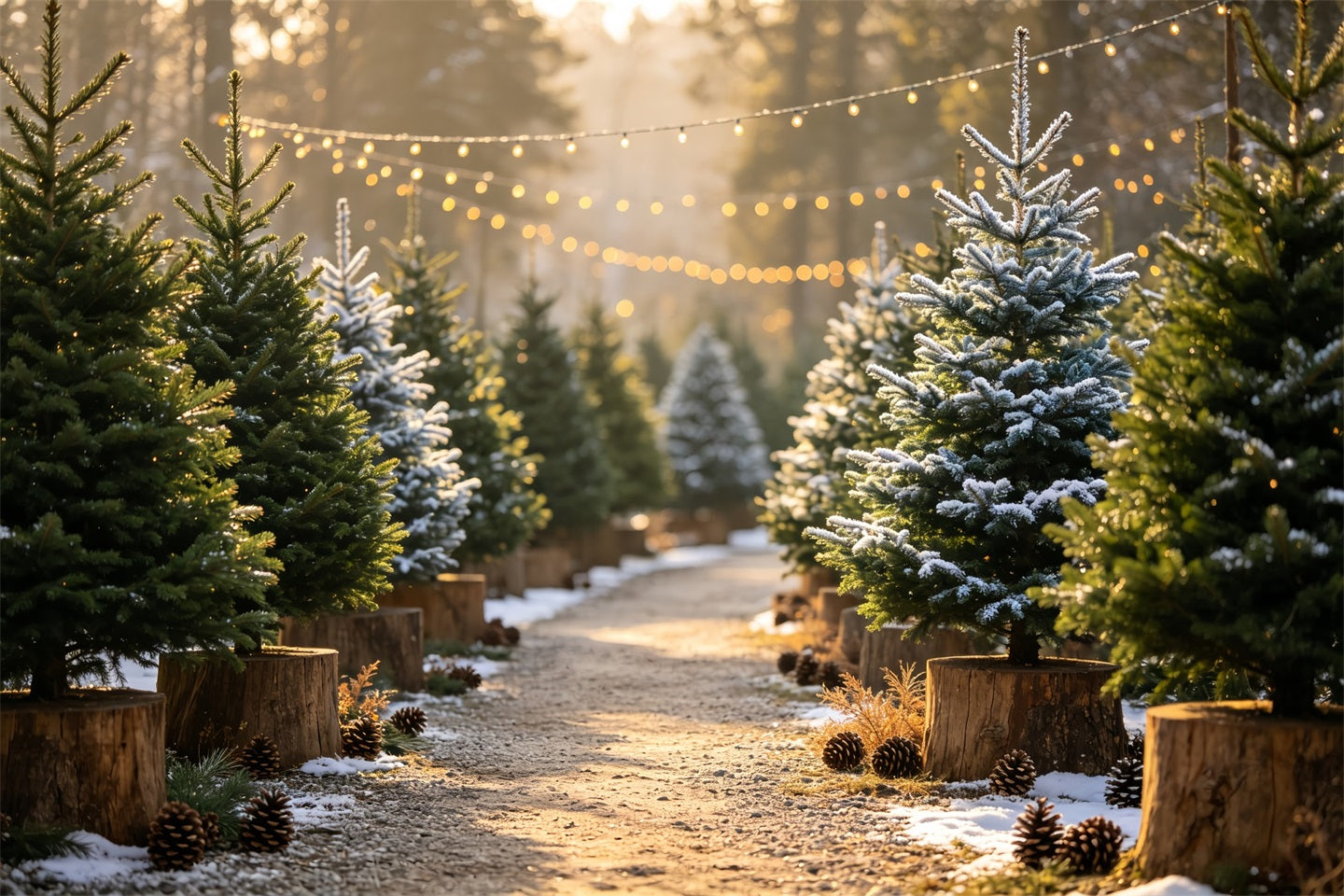 Christmas Tree Backdrop Snowy Pine Pathway Lights Muslin Christmas Backdrop CSH68-85