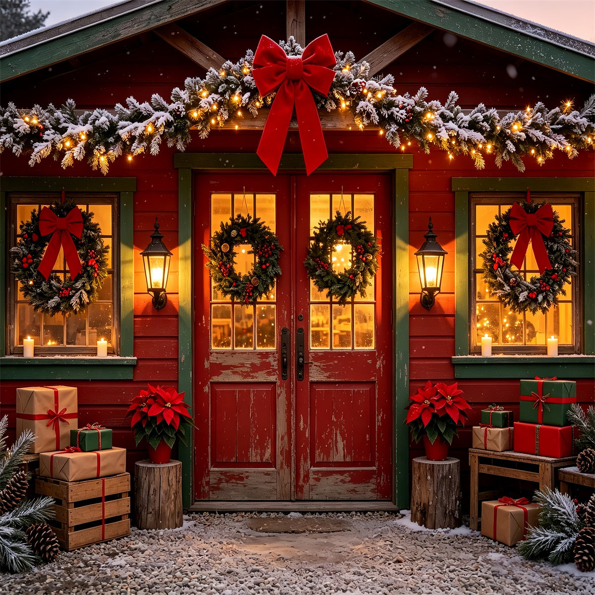Christmas Cabin Backdrop Rustic House Door Decor Christmas Muslin Backdrops CSH68-88