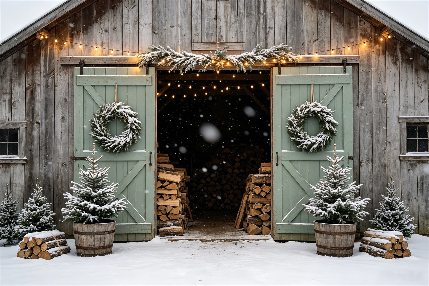 Christmas Barn Door Backdrop Snowy Barn Entrance Christmas Backdrops CSH68-90
