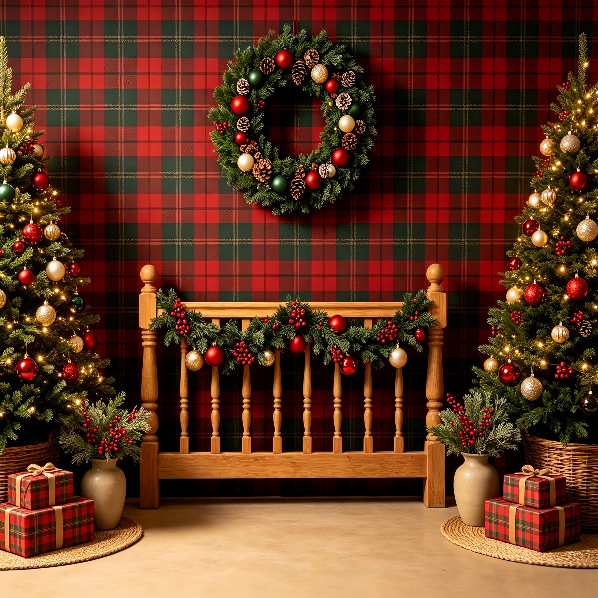 Christmas Headboard Backdrop Plaid Christmas Bedroom Decor Christmas Photo Backdrops CSH68-92