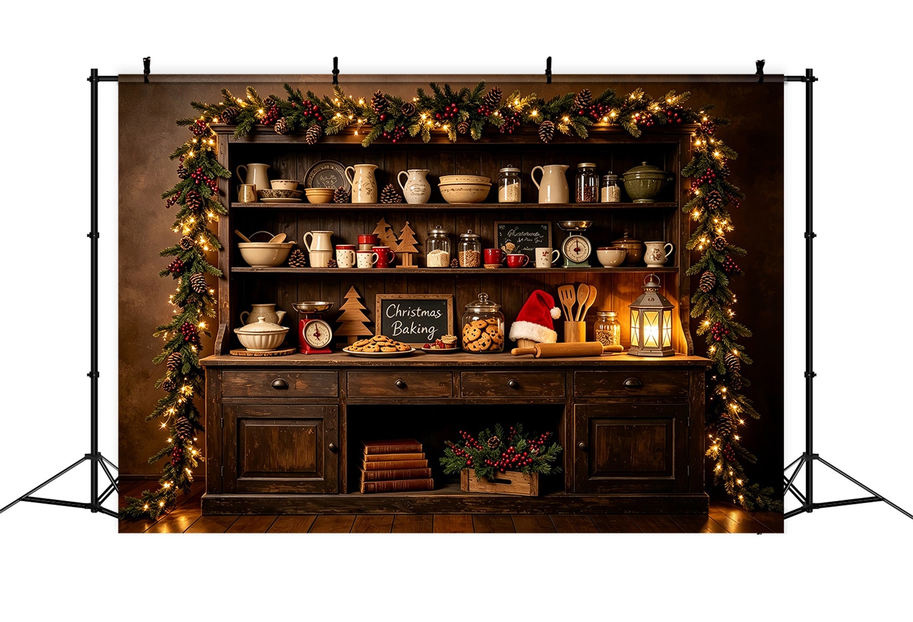 Christmas Kitchen Backdrops Dark Woodland Baking Shelf Christmas Photography Backdrop CSH68-94