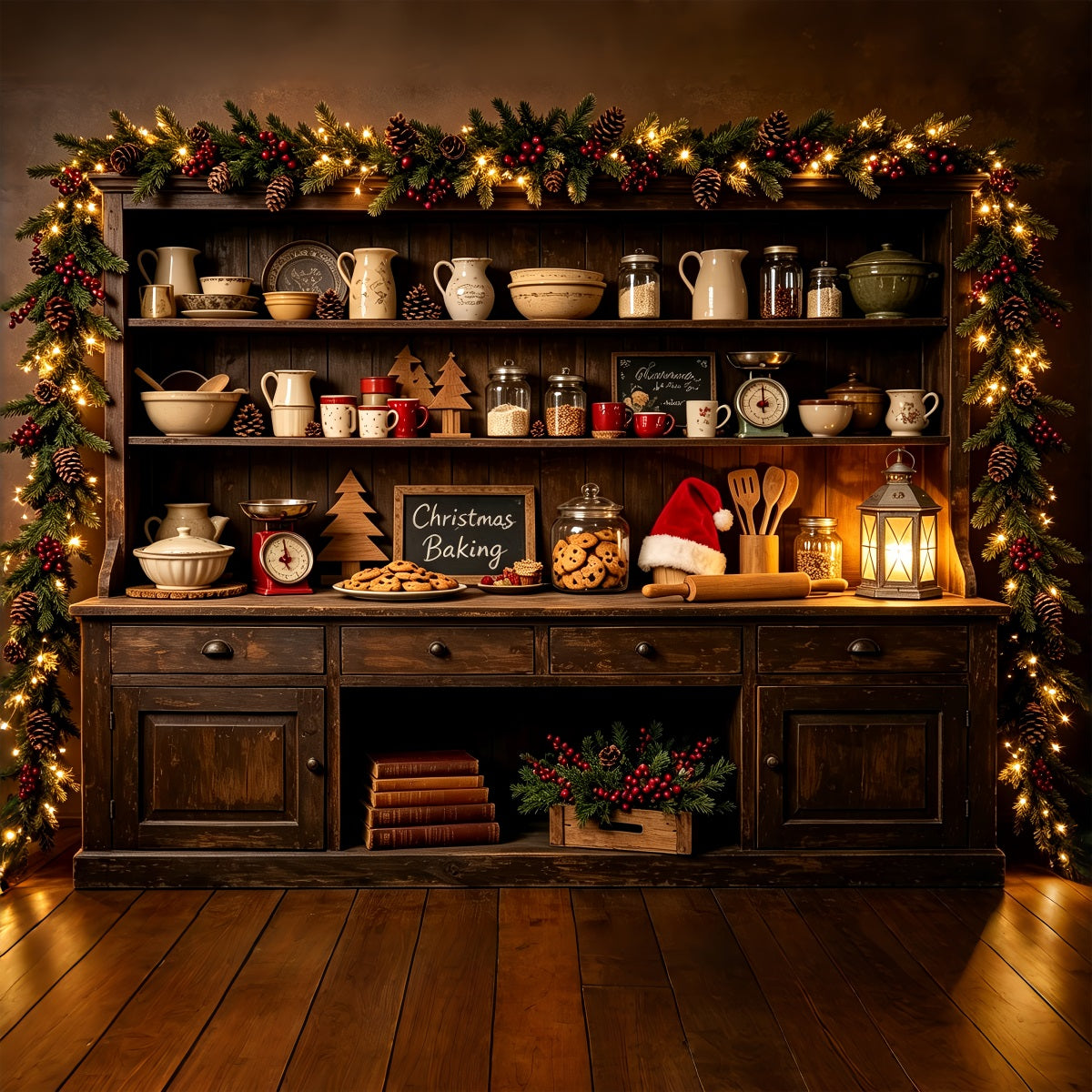Christmas Kitchen Backdrops Dark Woodland Baking Shelf Christmas Photography Backdrop CSH68-94