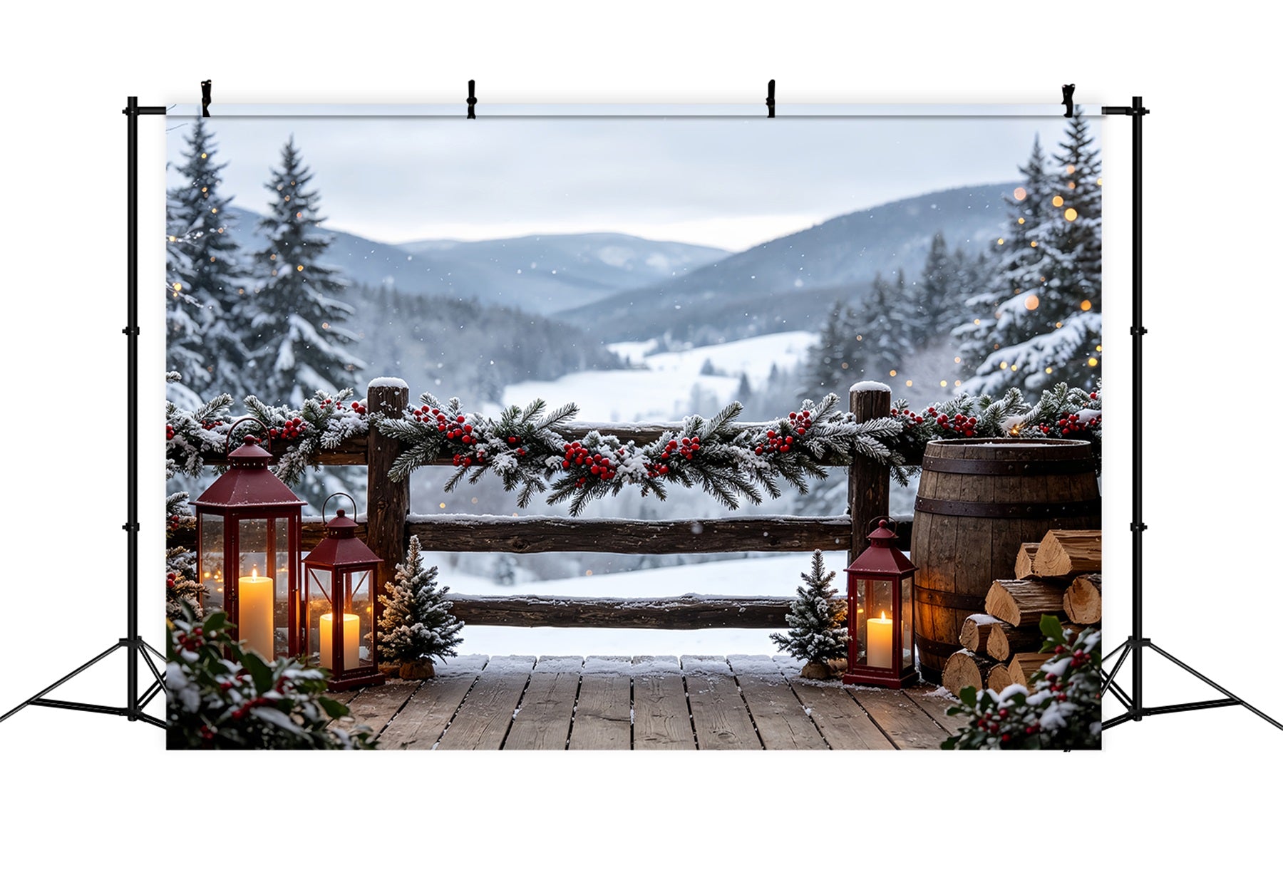 Christmas Scenery Backdrop Mountain Lodge Garland View Large Christmas Backdrops CSH68-98