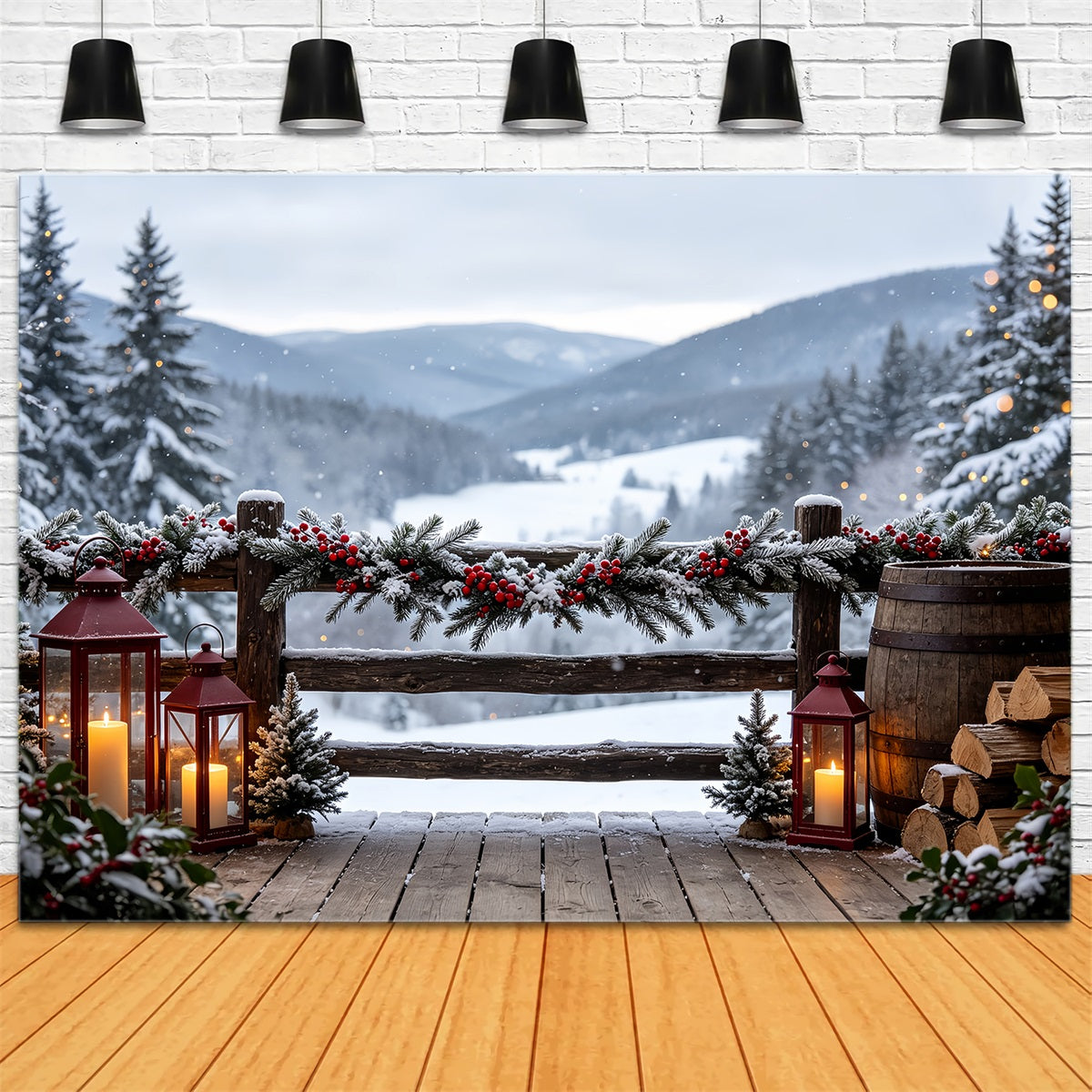 Christmas Scenery Backdrop Mountain Lodge Garland View Large Christmas Backdrops CSH68-98