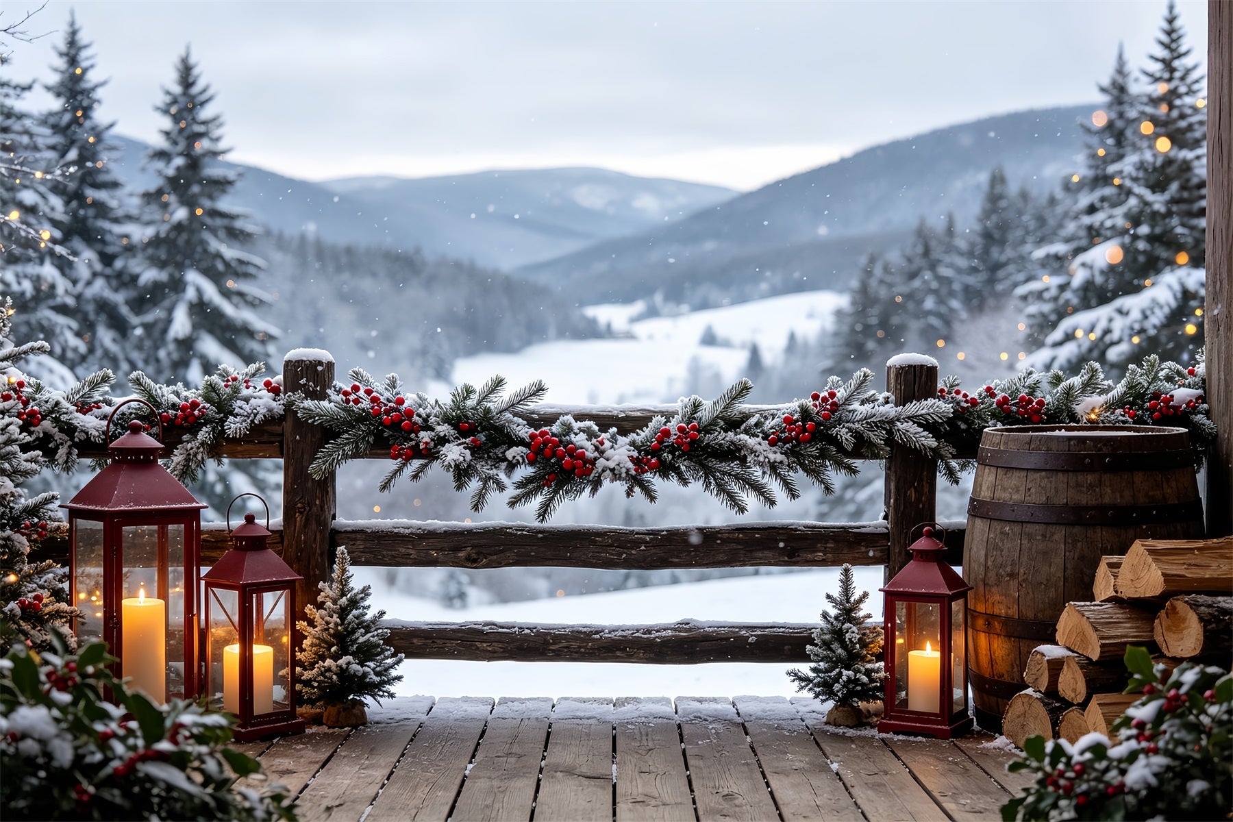 Christmas Scenery Backdrop Mountain Lodge Garland View Large Christmas Backdrops CSH68-98