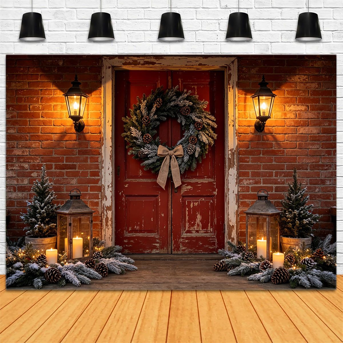 Christmas House Backdrop Brick Door Wreath Entrance Christmas Wall Backdrop CSH68-99