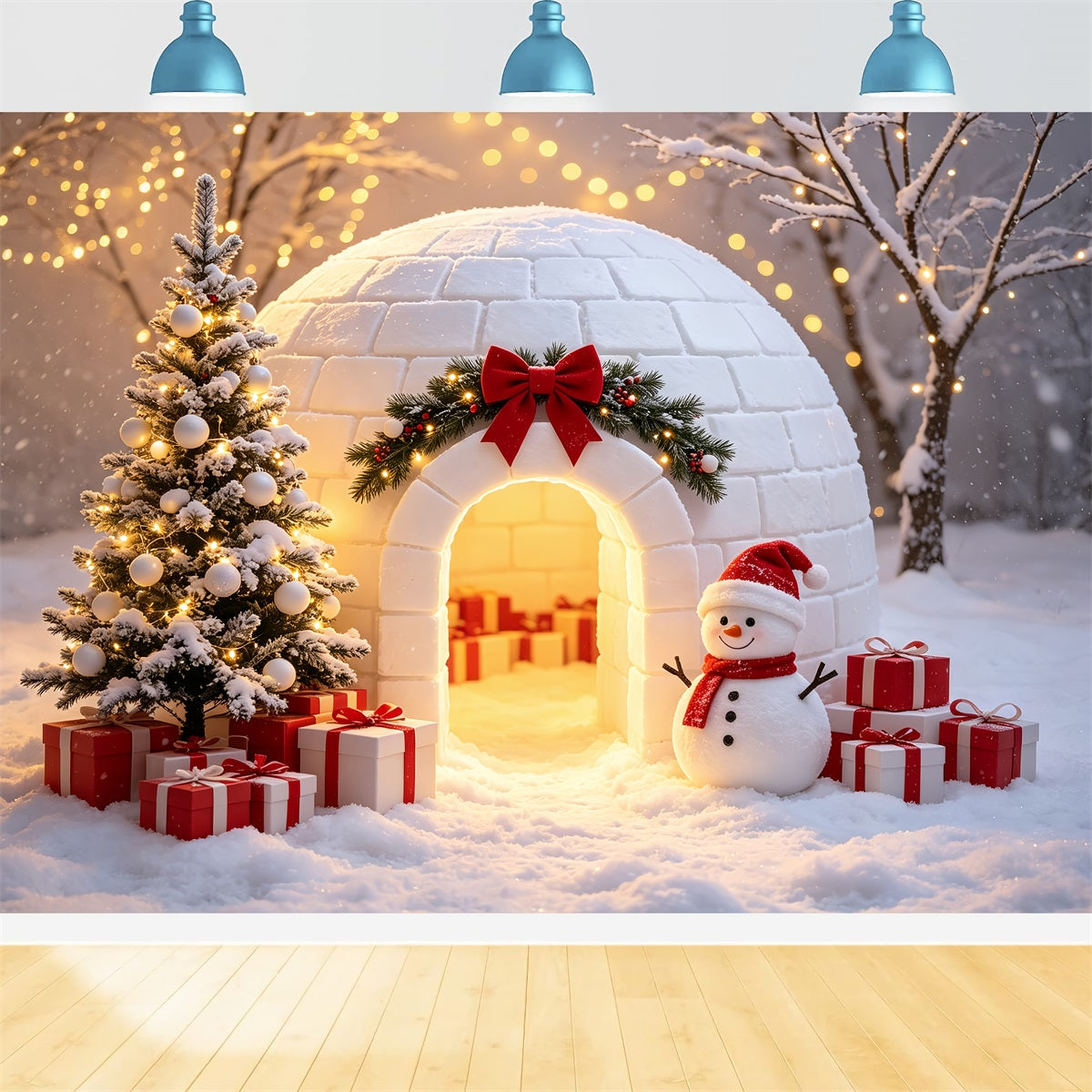 North Pole Photo Backdrop Snowy Igloo Snowman Display Santa Claus Backdrop CSH69-101