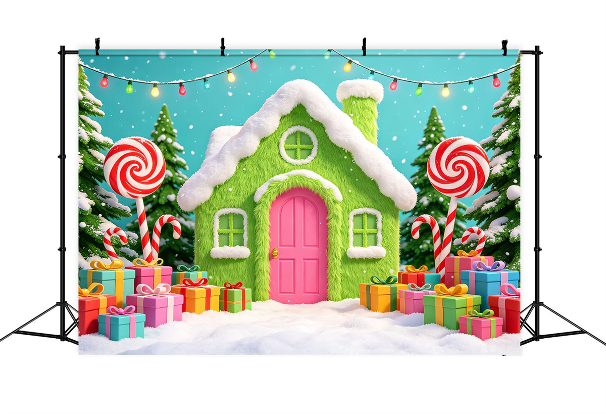 Gingerbread House Backdrops Green Candy Cottage Gifts Pink Christmas Backdrop CSH69-102