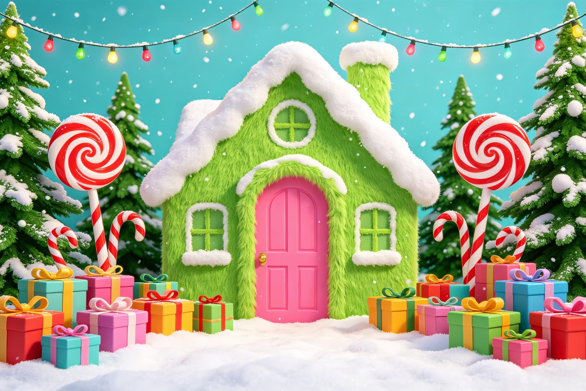 Gingerbread House Backdrops Green Candy Cottage Gifts Pink Christmas Backdrop CSH69-102