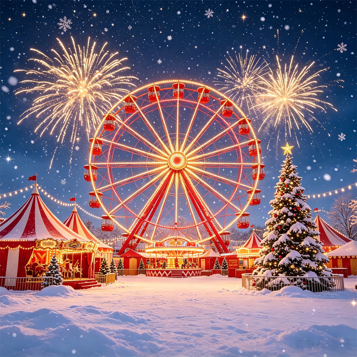 Christmas Backdrop For Party Snowy Ferris Wheel Fireworks Christmas Party Backdrop CSH69-105
