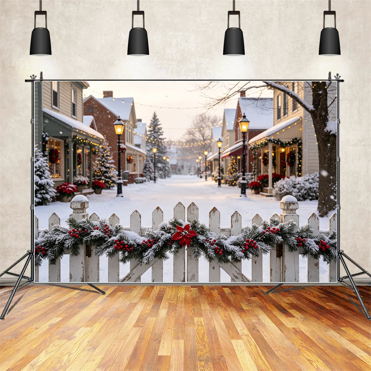 Christmas Village Backdrop Festive Street Picket Fence Studio Christmas Backdrop CSH69-14