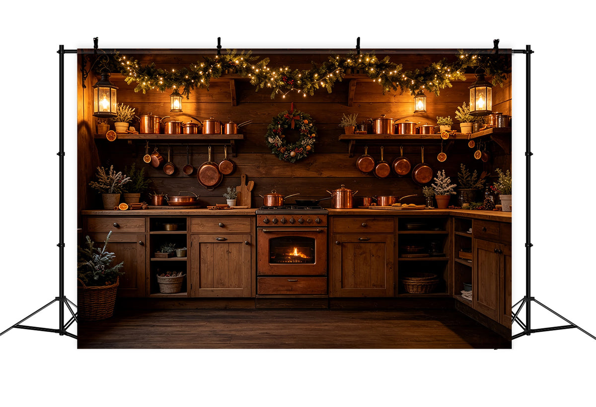 Christmas Kitchen Backdrop Rustic Copper Lights Hearth Wall Backdrop Christmas CSH69-21