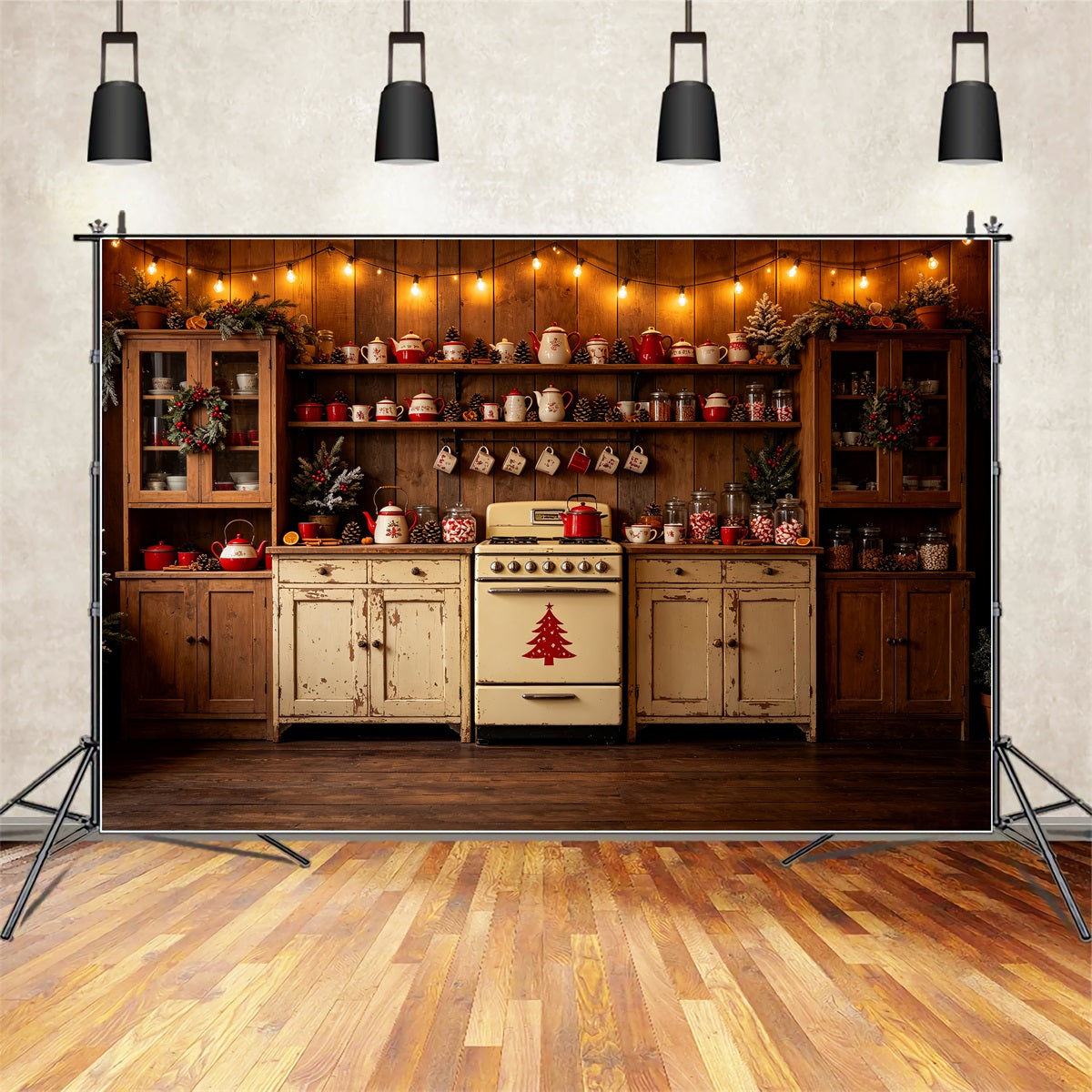 Christmas Kitchen Backdrop Vintage Red Teapot Display Muslin Christmas Backdrop CSH69-22