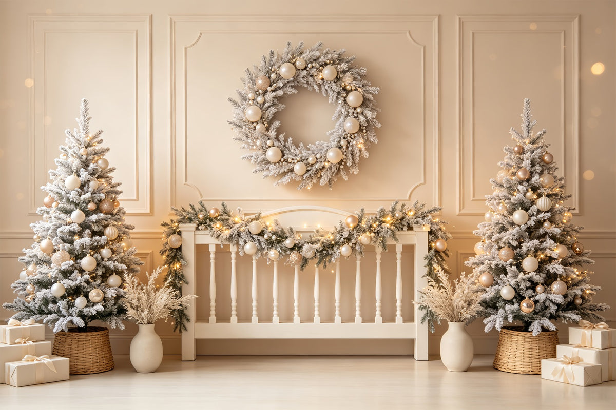 Christmas Headboard Backdrop Ivory Frosted Wreath Display Christmas Photo Backdrops CSH69-29