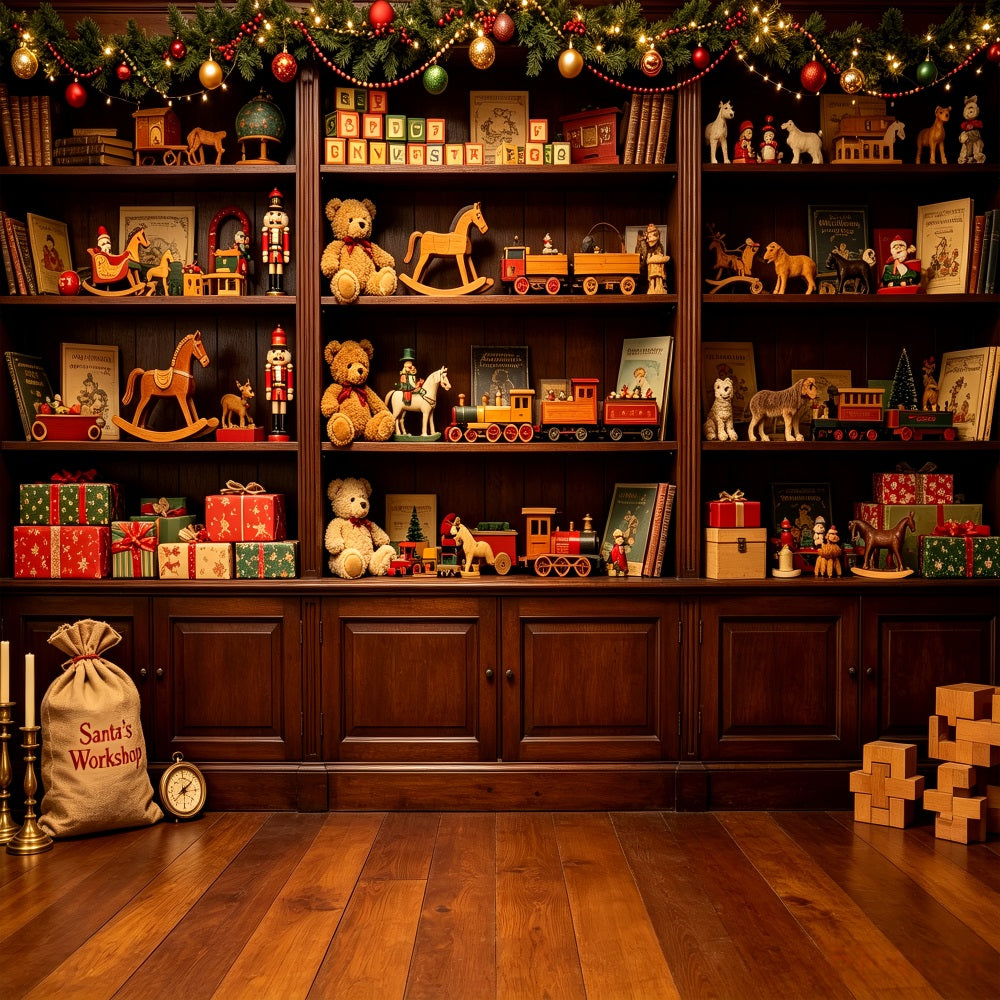 Indoor Christmas Backdrop Vintage Toy Workshop Shelves Professional Christmas Backdrops CSH69-32
