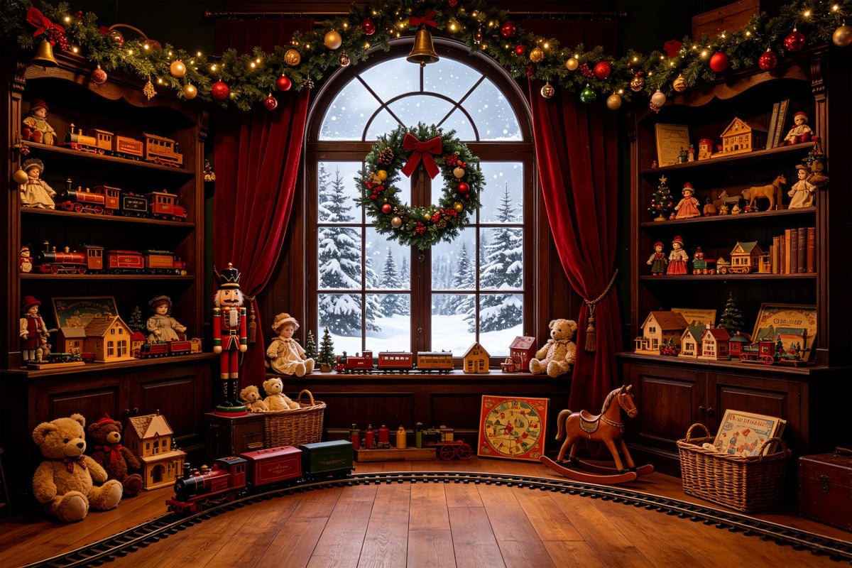 Vintage Christmas Backdrop Toy Train Room Window Large Christmas Backdrops CSH69-35