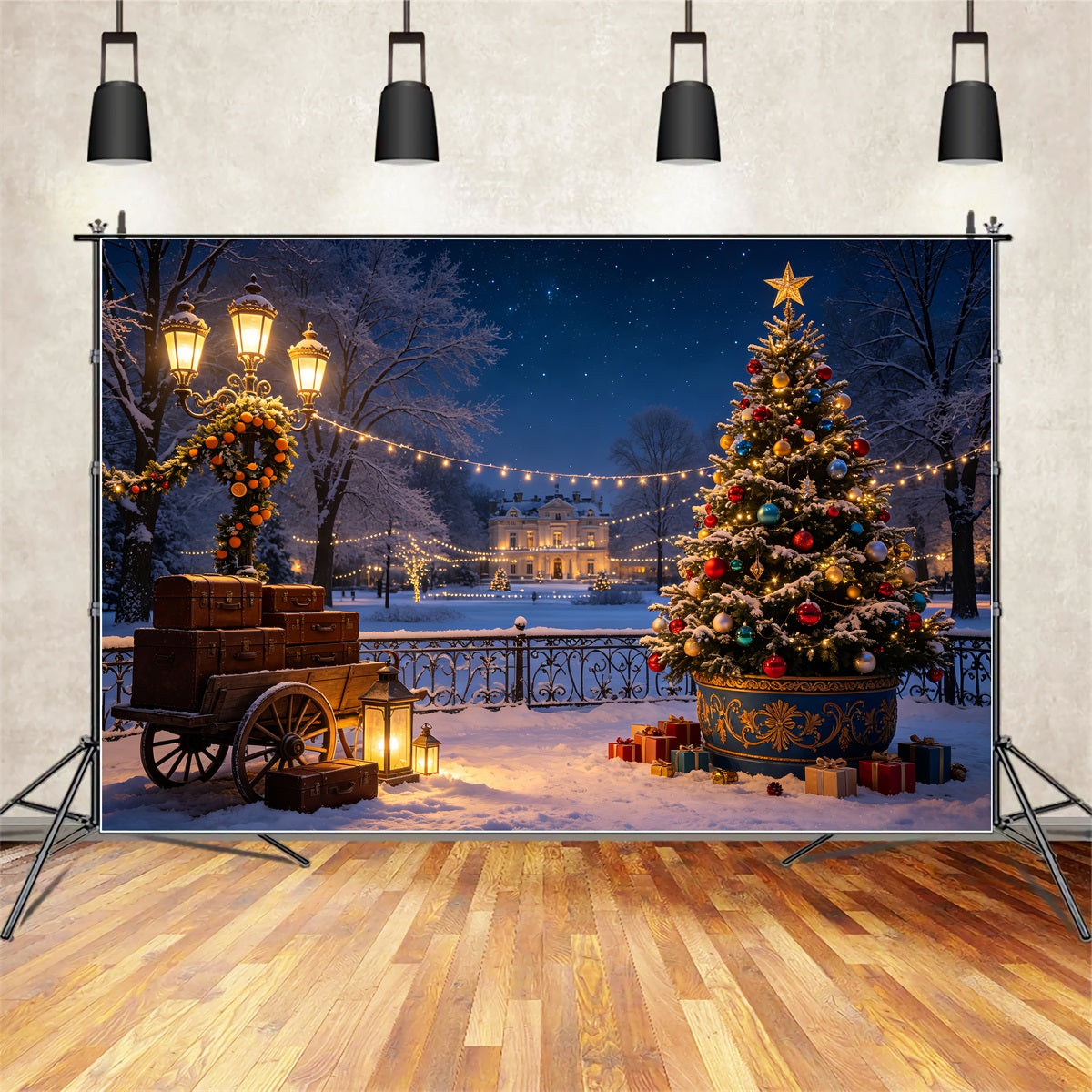 Winter Christmas Backdrop Grand Estate Tree Cart Backdrops Christmas CSH69-39