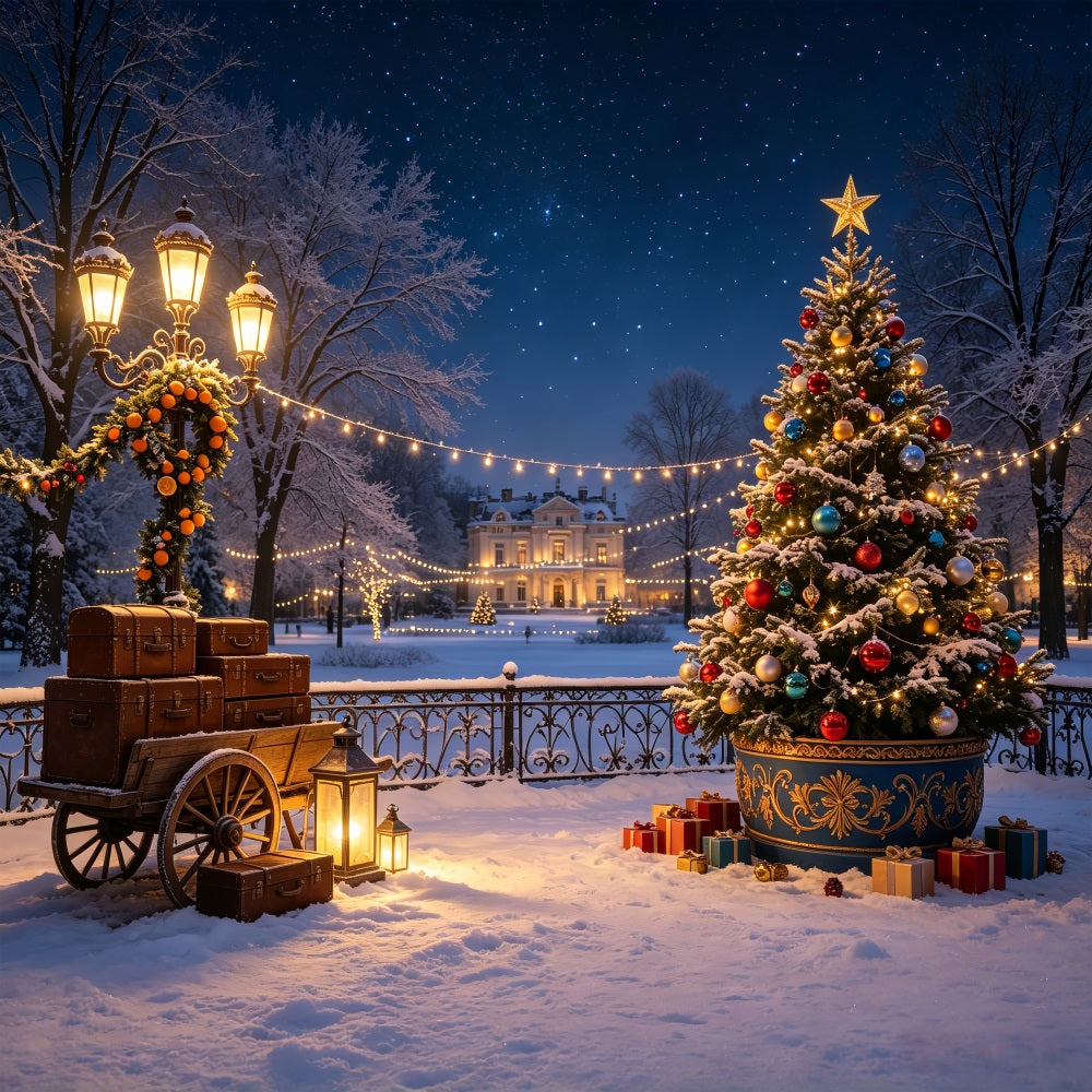 Winter Christmas Backdrop Grand Estate Tree Cart Backdrops Christmas CSH69-39