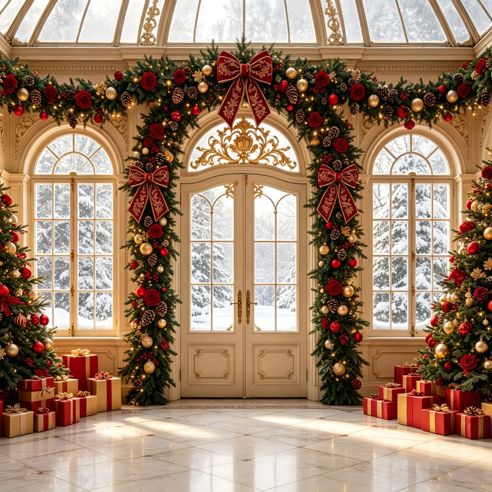Christmas Living Room Backdrop Rose Garland Grand Entrance Christmas Wall Backdrops CSH69-43