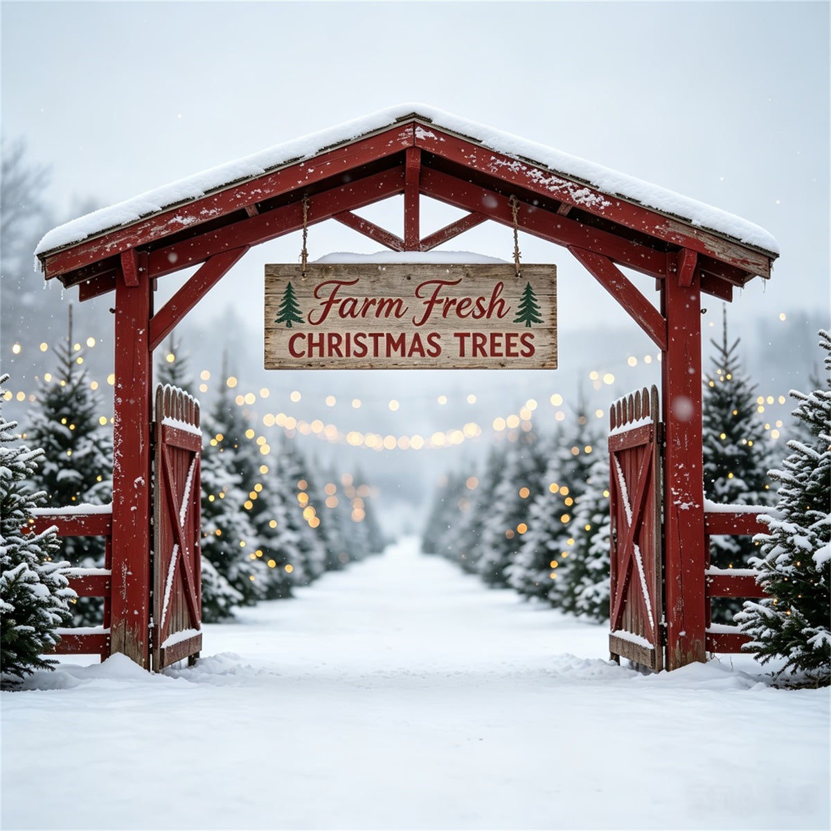 Christmas Tree Farm Backdrop Snowy Tree Farm Gate Photo Christmas Backdrop CSH69-48