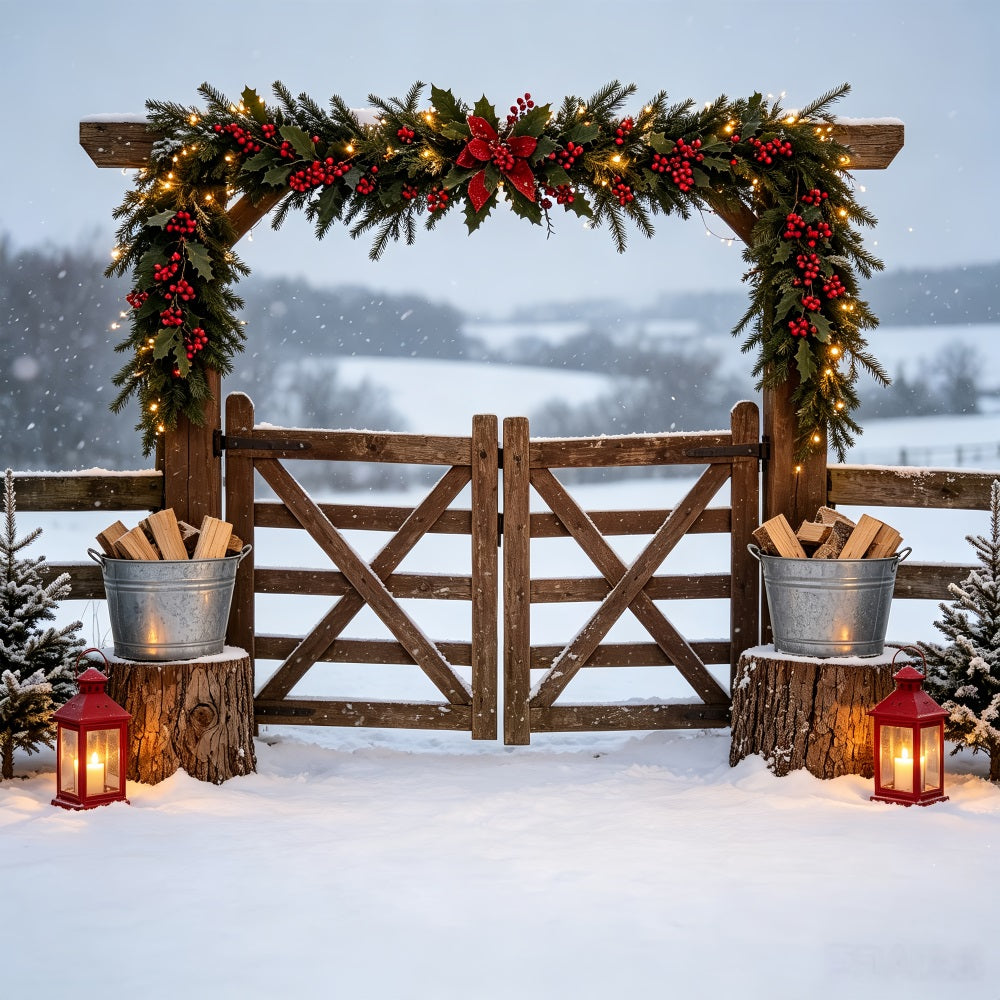Country Christmas Backdrop Snowy Garland Farm Gate Photo Christmas Backdrops CSH69-49