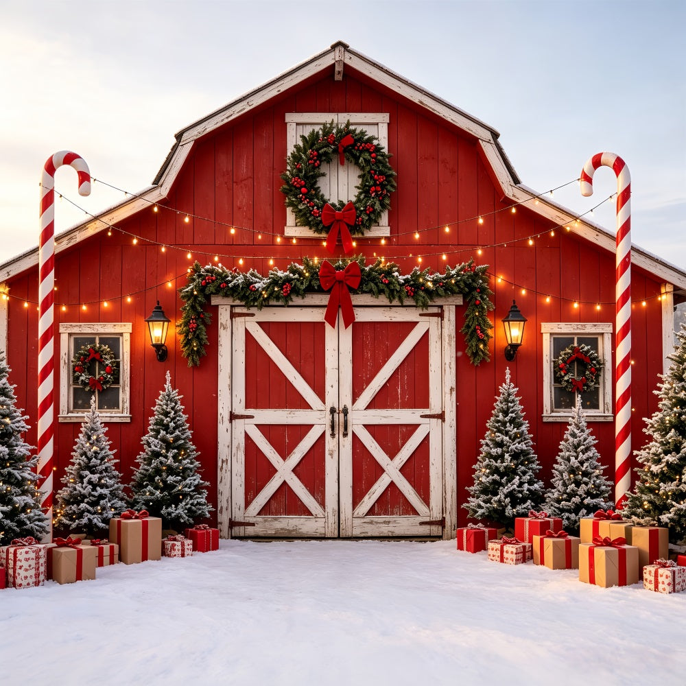Christmas Farm Backdrop Candy Cane Barn Entrance Christmas Studio Backdrops CSH69-50