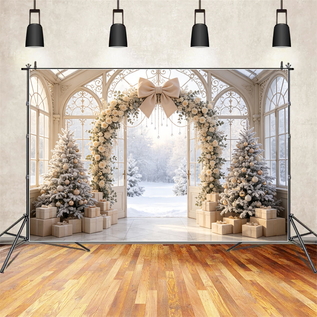 Snowy Christmas Backdrop Ivory Floral Archway Studio Christmas Backdrops CSH69-52