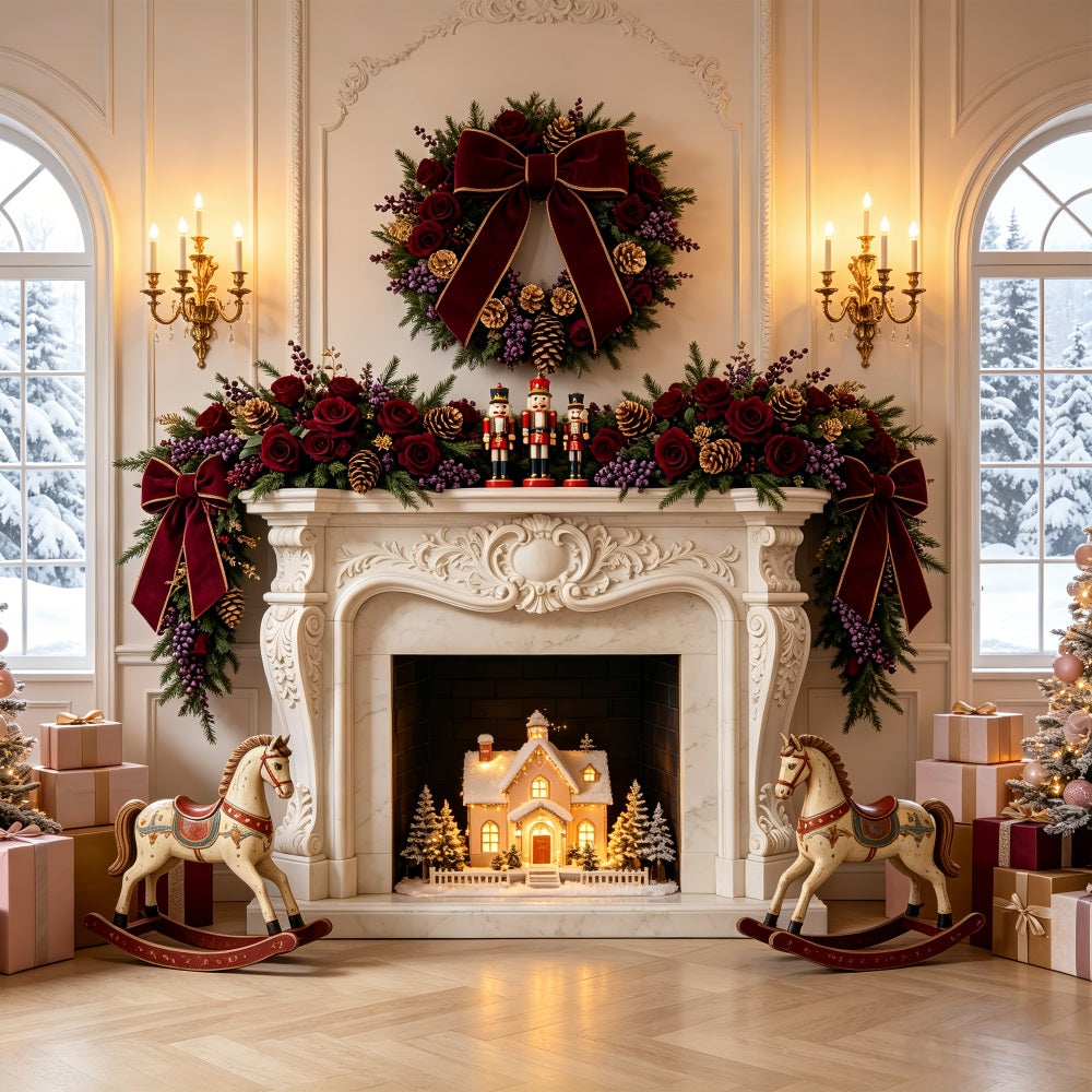Christmas Fireplace Backdrop Burgundy Rose Mantel Decor Christmas Muslin Backdrop CSH69-54