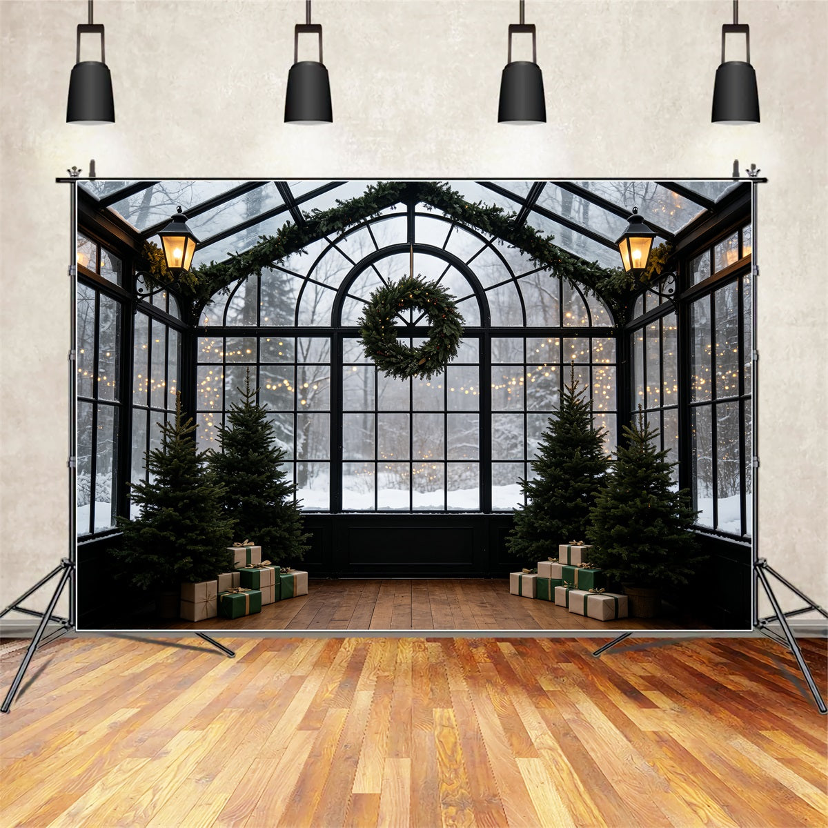 Christmas Greenery Backdrop Snowy Conservatory Wreath Arch Christmas Indoor Backdrop CSH69-55