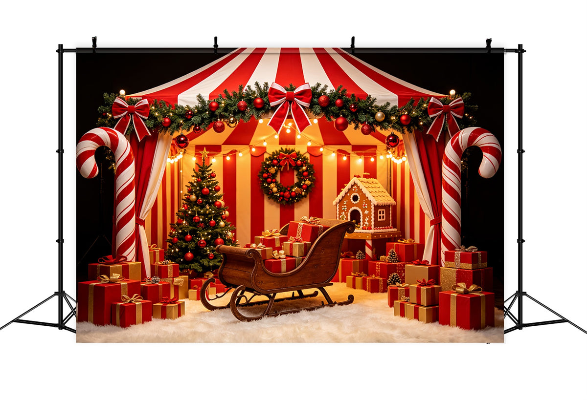 Santa Workshop Backdrop Candy Cane Tent Sleigh Display Christmas Backdrop For Party CSH69-58