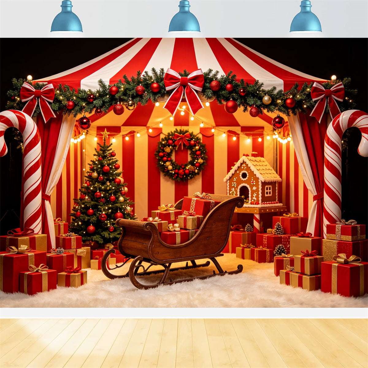 Santa Workshop Backdrop Candy Cane Tent Sleigh Display Christmas Backdrop For Party CSH69-58