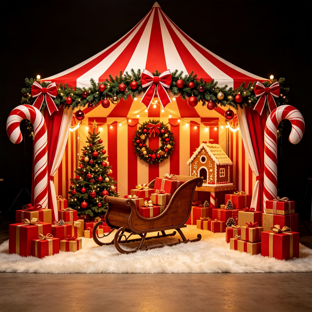 Santa Workshop Backdrop Candy Cane Tent Sleigh Display Christmas Backdrop For Party CSH69-58