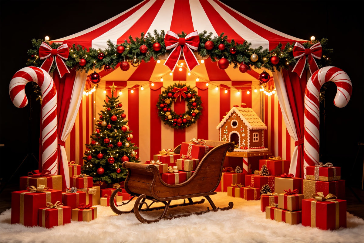 Santa Workshop Backdrop Candy Cane Tent Sleigh Display Christmas Backdrop For Party CSH69-58