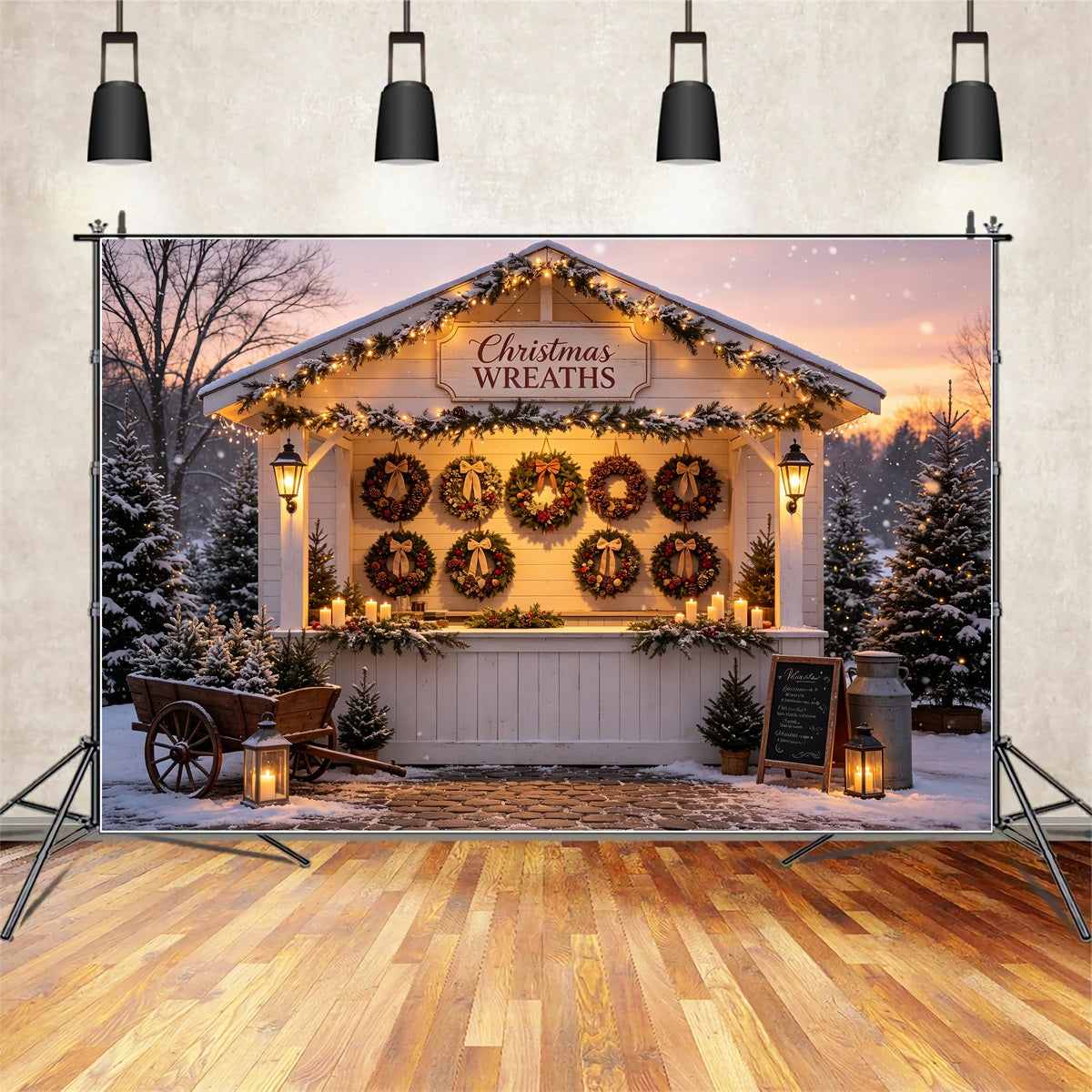 Christmas Wreath Backdrop Snowy Wreath Market Stall Christmas Wall Backdrops CSH69-6