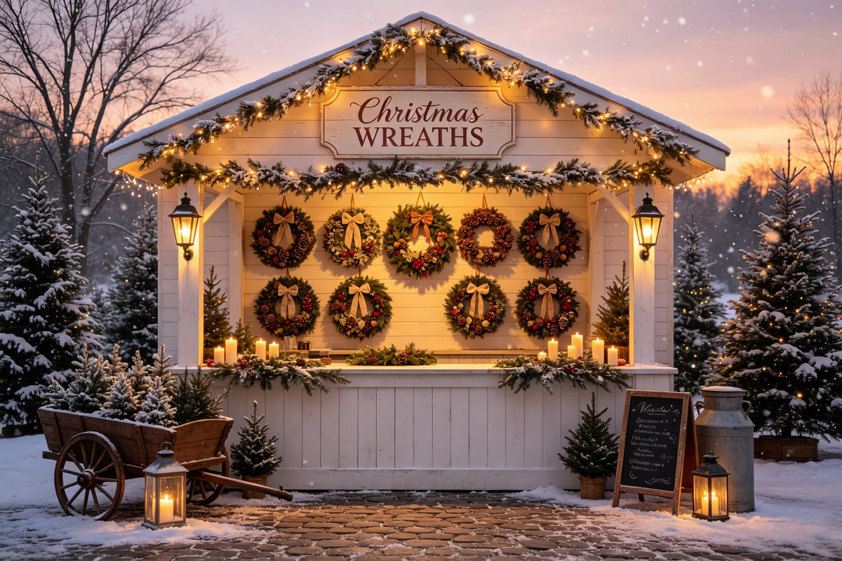Christmas Wreath Backdrop Snowy Wreath Market Stall Christmas Wall Backdrops CSH69-6