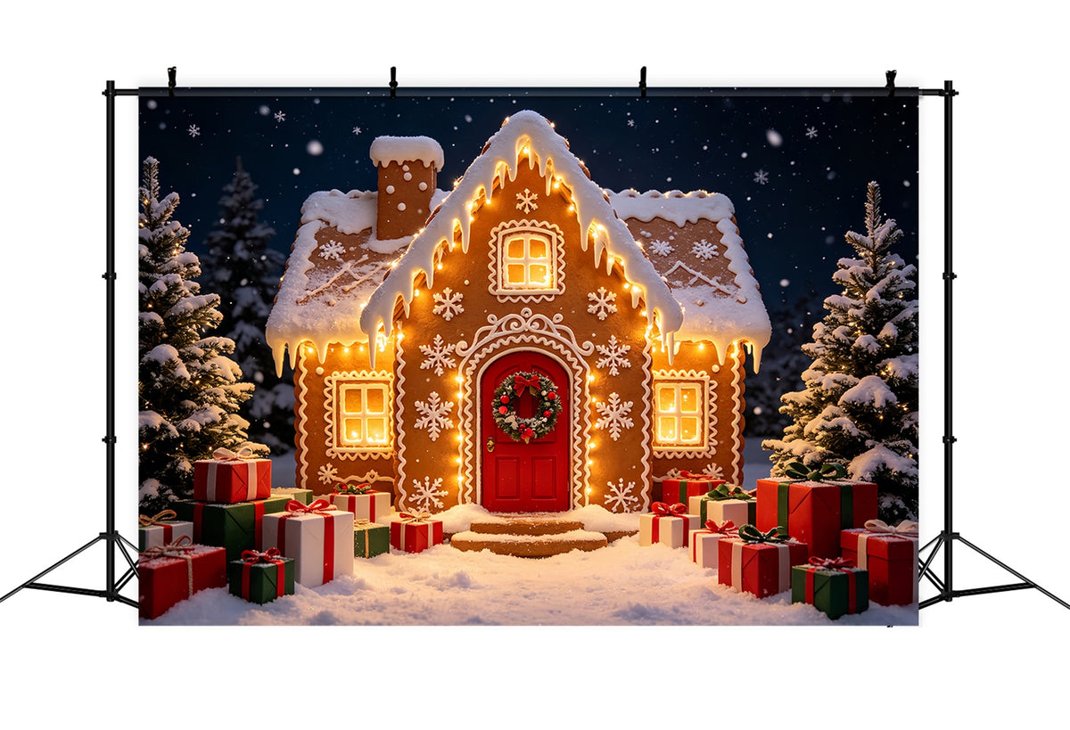Gingerbread Photo Backdrop Snowy Forest Cabin Path Gingerbread House Backdrops CSH69-61