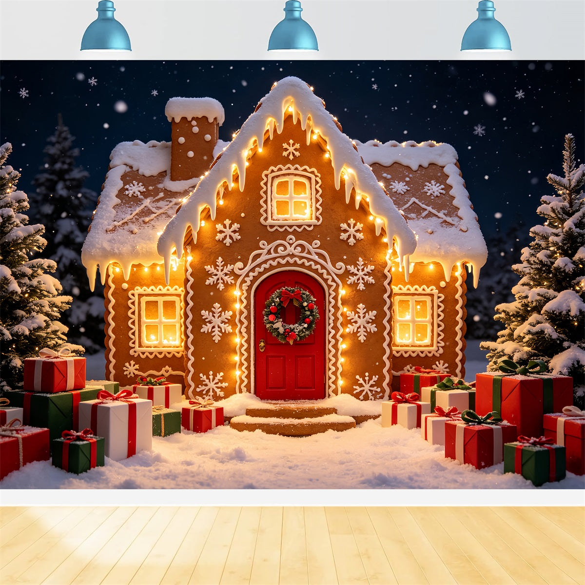 Gingerbread Photo Backdrop Snowy Forest Cabin Path Gingerbread House Backdrops CSH69-61