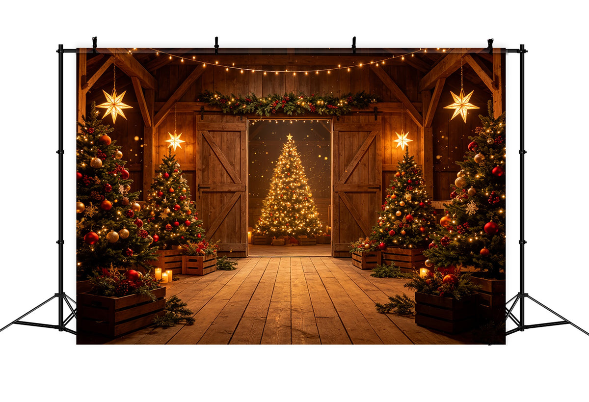 Western Christmas Backdrop Rustic Barn Tree Glow Christmas Outdoor Backdrop CSH69-67
