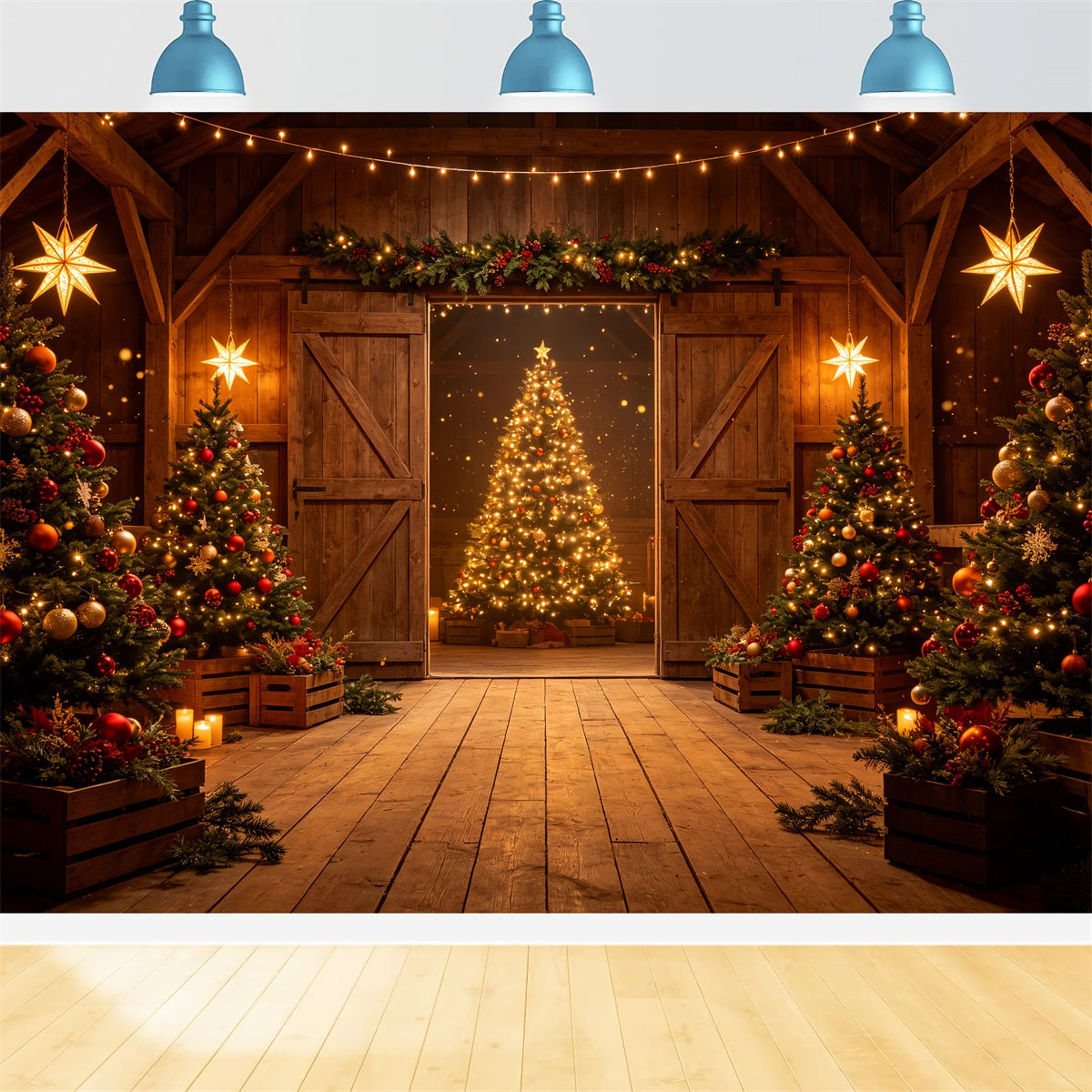 Western Christmas Backdrop Rustic Barn Tree Glow Christmas Outdoor Backdrop CSH69-67