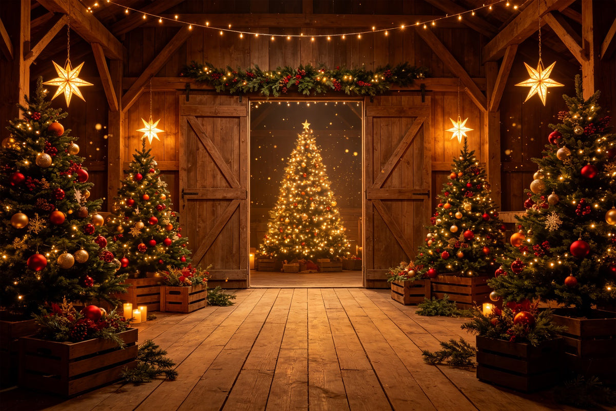 Western Christmas Backdrop Rustic Barn Tree Glow Christmas Outdoor Backdrop CSH69-67