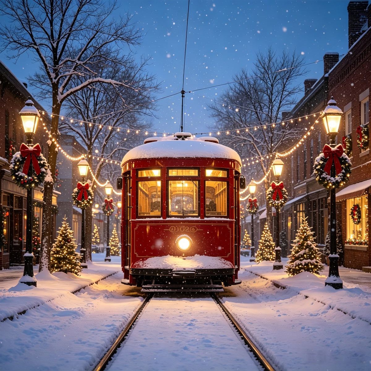 Christmas Village Backdrops Vintage Tram Snowy Street Backdrop For Christmas Village CSH69-68