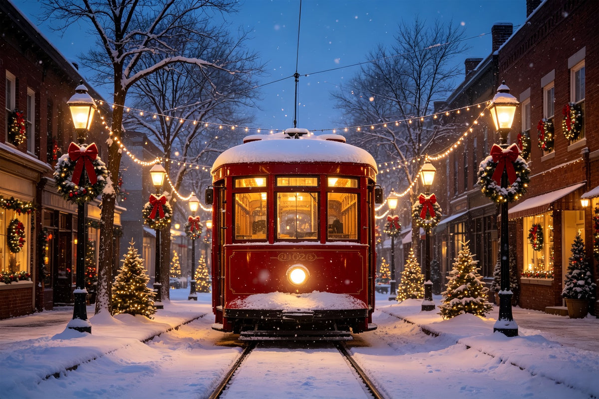 Christmas Village Backdrops Vintage Tram Snowy Street Backdrop For Christmas Village CSH69-68