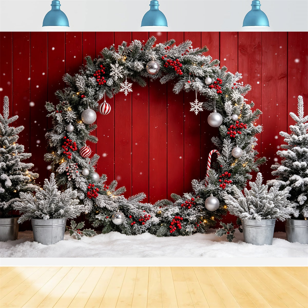 Christmas Photo Booth Backdrop Frosted Red Wreath Wall Christmas Backdrops Photography CSH69-69
